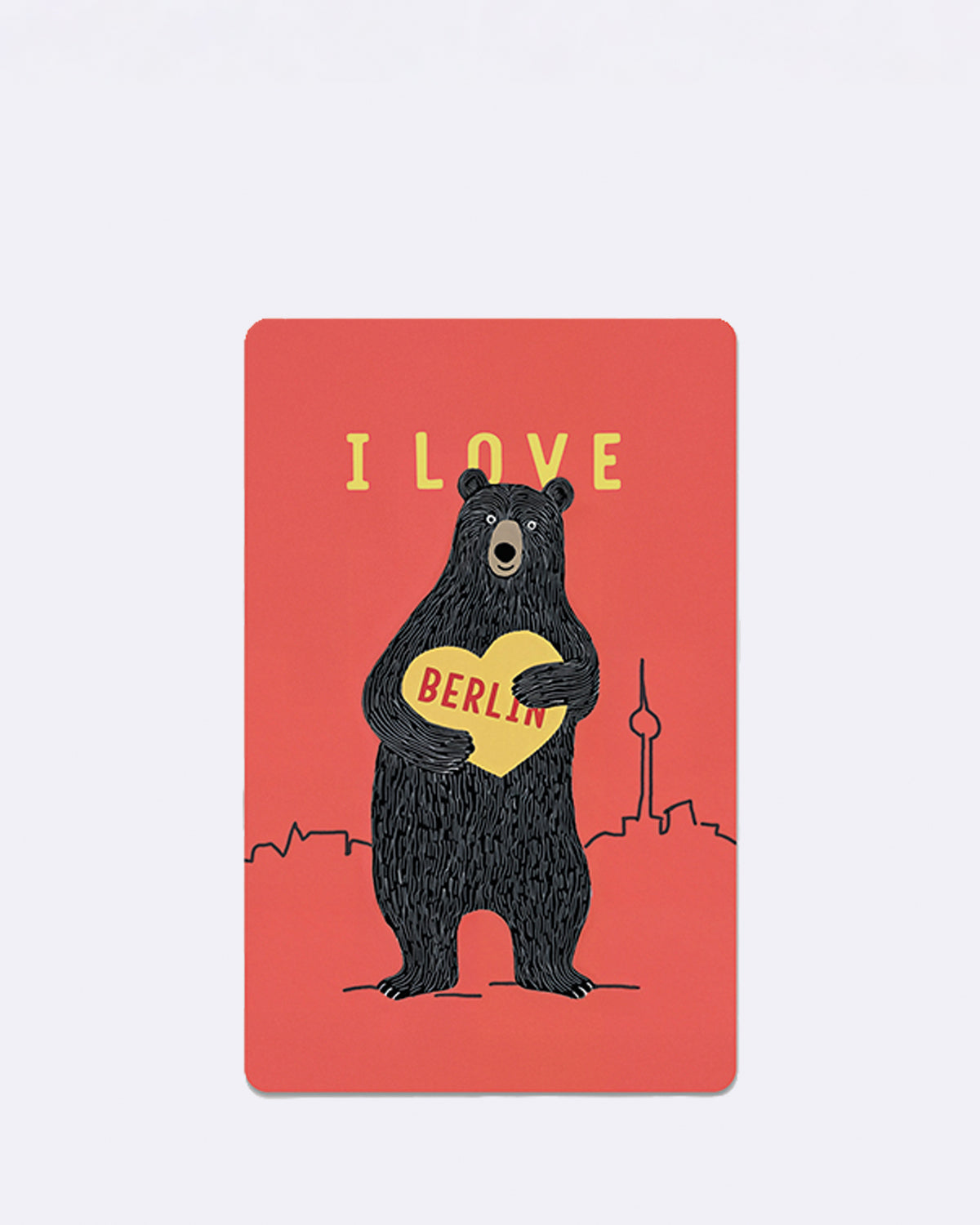 Postkarte mit schwarzem Bären auf rotem Hintergrund und Schriftzug "I LOVE BERLIN"