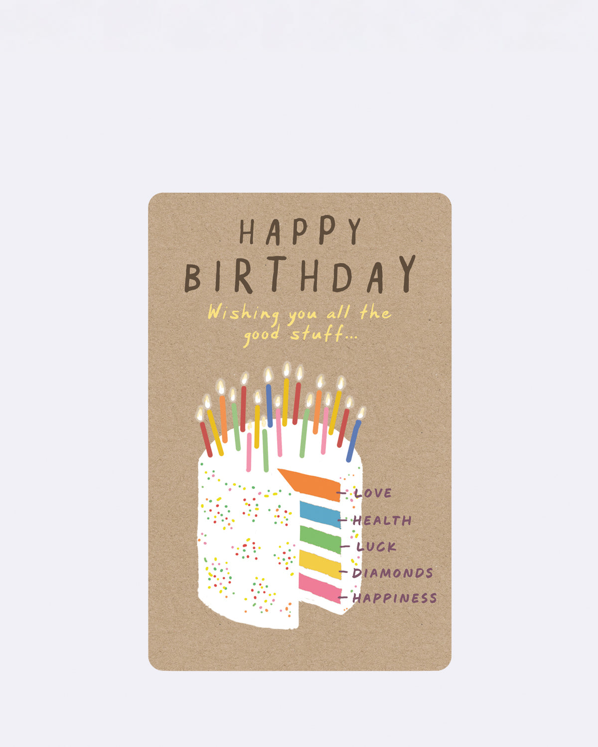 Postkarte aus braunem Karton mit bunter Torte und Schriftzug HAPPY BIRTHDAY Wishing you all the good stuff