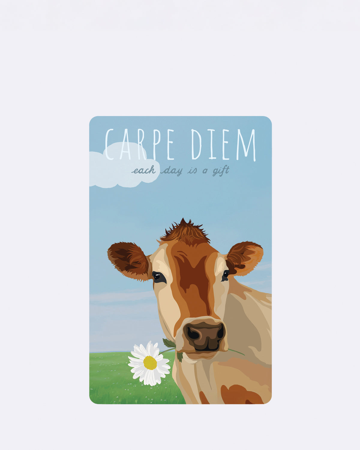 Postkarte mit Kuh und Gänseblümchen auf grünem Feld mit Schriftzug "CARPE DIEM each day is a gift"