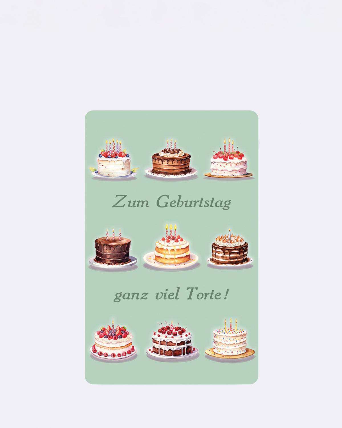 Mini Postkarte mit neun bunten Torten auf grünem Hintergrund und Schriftzug "Zum Geburtstag ganz viel Torte"
