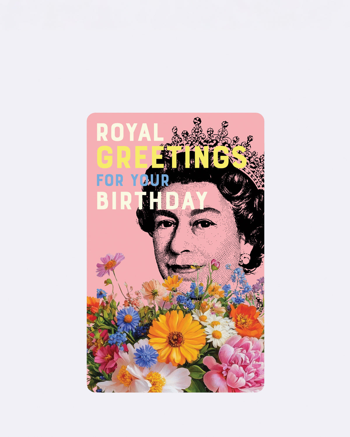 Postkarte mit schwarz-weißem Porträt einer Frau, Blumenmuster und Schriftzug "ROYAL GREETINGS FOR YOUR BIRTHDAY"