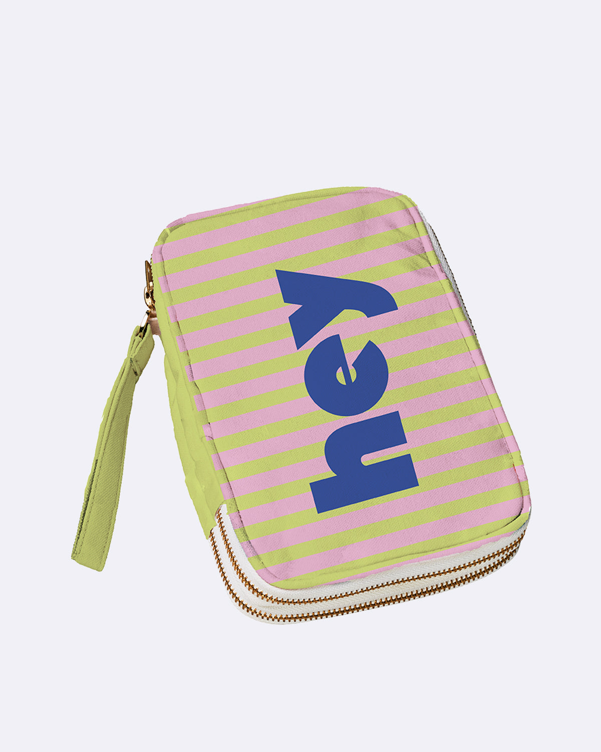 Reiseorganizer mit rosa-grünen Streifen und Schriftzug „hey“