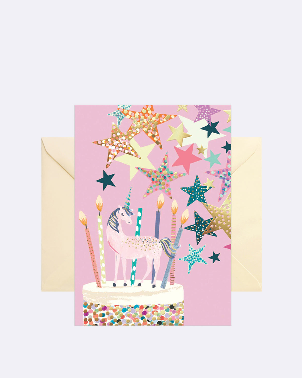 Aufklappbare Grußkarte mit Umschlag in rosa mit einem Einhorn welches auf einer Geburtstagstorte steht
