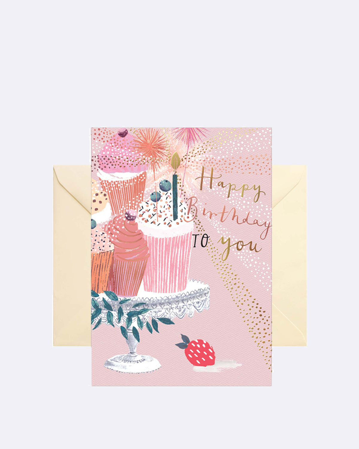 Aufklappbare Grußkarte mit Umschlag in rosa mit abgebildeter Geburtstagstorte und goldener Schrift
